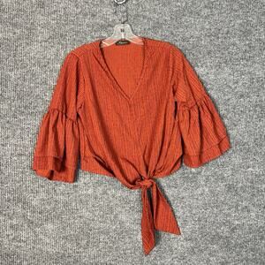 Kld Womens Blouse Size Small Orange Printed Tie Waist V Neck Boho Bell Sleeve